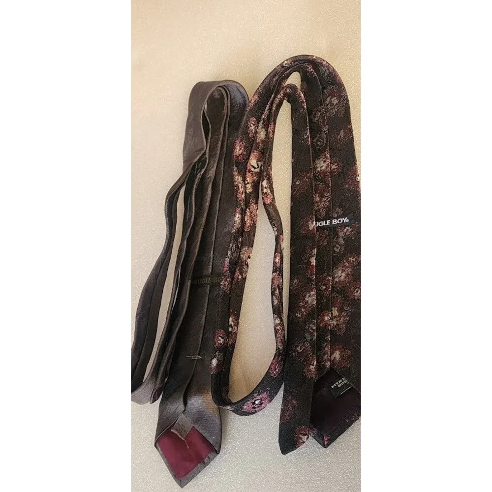 Bugle Boy Mens Polyester Skinny Suit Tie Set Gray Geometric Black Floral Design